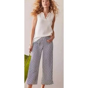 J.Jill Wearever‎ Cropped Pants Satin Navy White Printed Elastic Waist Size S NWT